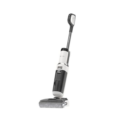 Tineco S6 Stretch Pro với thiết kế thân thiện người dùng, minh họa pin sạc và vị trí bộ lọc HEPA.