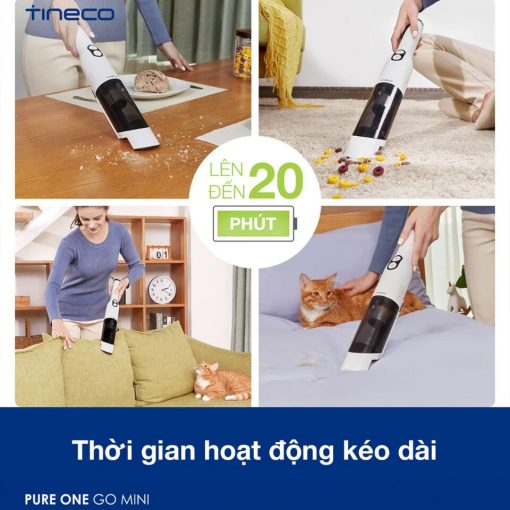 Tineco GO Mini trong trạng thái hoạt động êm ái, hút bụi hiệu quả mà không gây tiếng ồn lớn.