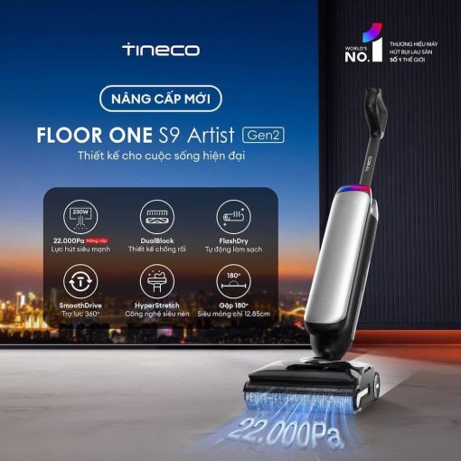 Hình ảnh tổng quan Máy Hút Bụi Lau Sàn Tineco FLOOR ONE S9 Artist Gen 2, nổi bật thiết kế hiện đại và gọn nhẹ.